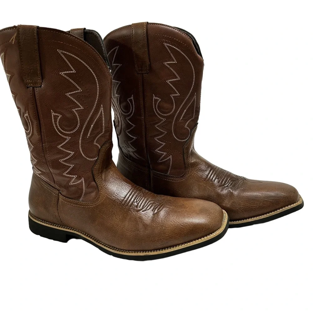 Lishan men’s Western brown cowboy boots embroidered mid calf  size 11/EU47 - Picture 2 of 7